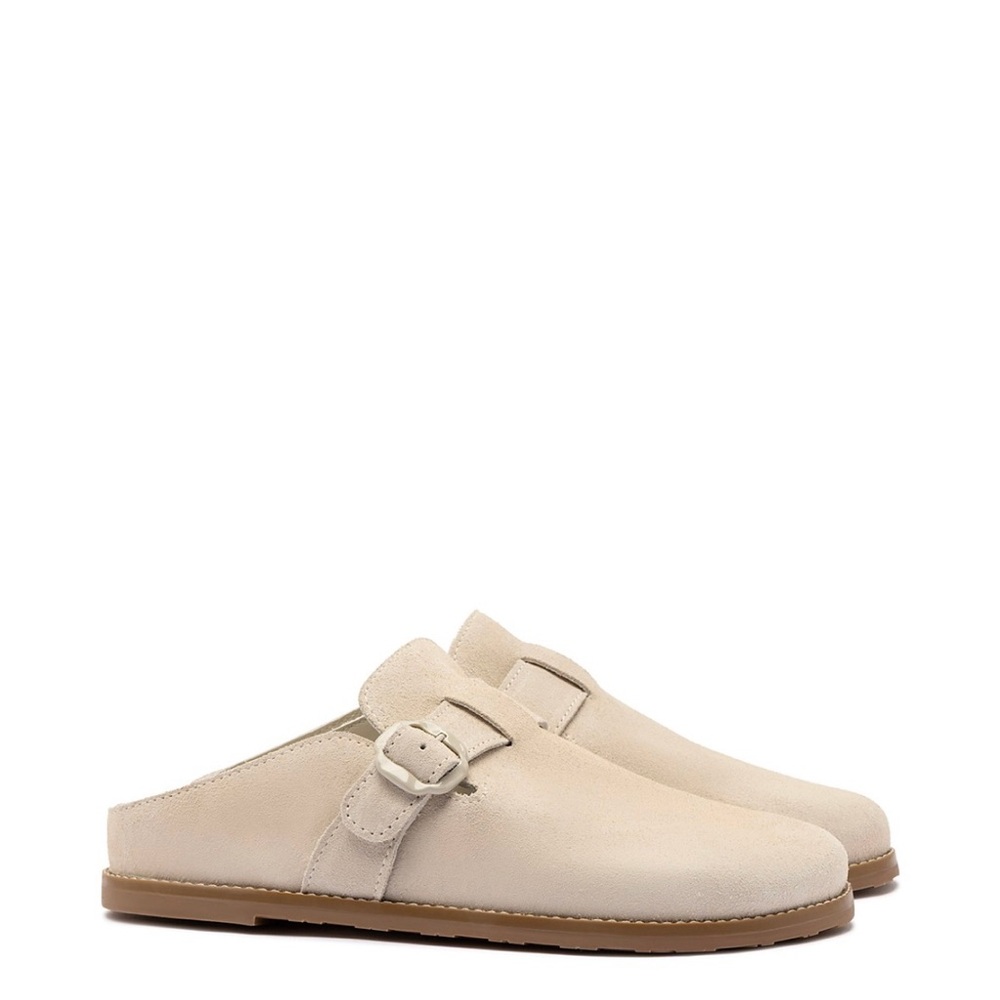 Larroude Cream Suede Slip-On Mules with Buckle